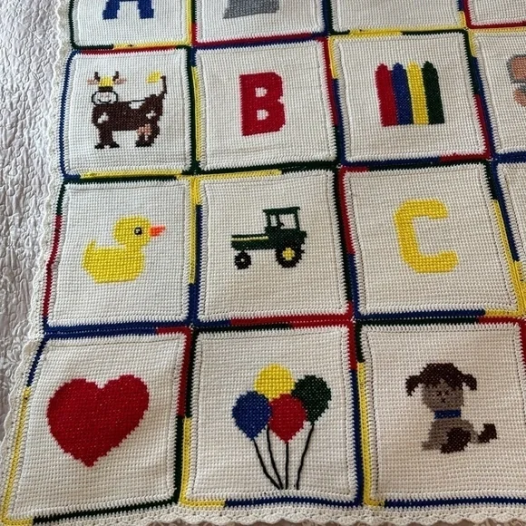 HANDMADE Crochet Knit AFGHAN Couch Lap Quilt THROW BLANKET Quilted Squares Kids